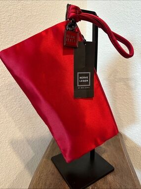 Herve Leger Red Satin Wristlet Toiletry Pouch
